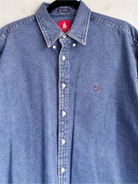 90’s Vintage Norsport Denim Button-Down Shirt Sailboat Logo Nautical Preppy Med